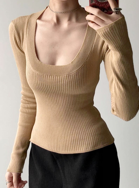 HEYOUNGIRL性感女人卡其色低领毛织上衣气质简约百搭修身打底上衣