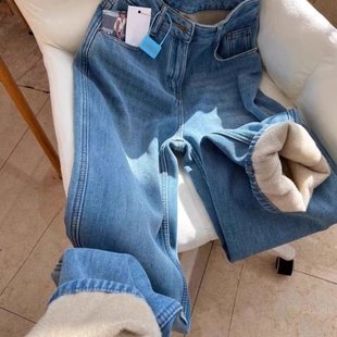 加绒蓝色高腰休闲保暖阔腿牛仔裤 非常难遇 2025秋冬新款 型 女 裤