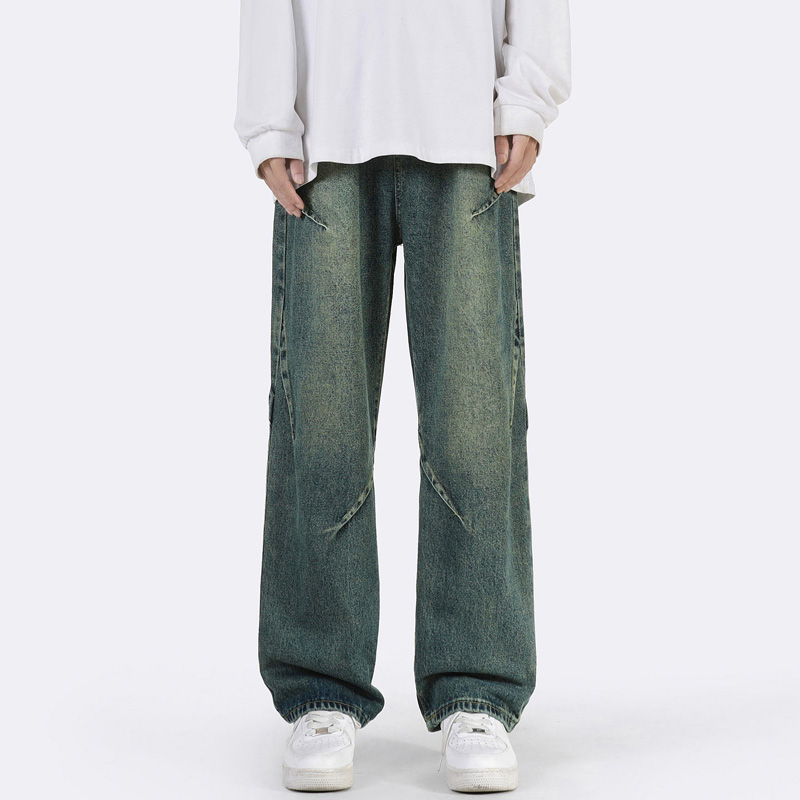 WASSUPHAPPY复古蓝牛仔裤男款秋冬季潮牌宽松直筒裤休闲阔腿裤子，男装牛仔裤，星座515