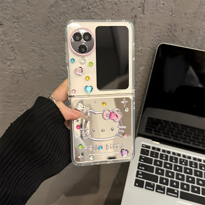 适用OPPOFINDN3FLIP镜面折叠手机壳find新款n3flip折叠屏保护套FINDN2FLIP超薄全包防摔金属线条kt猫