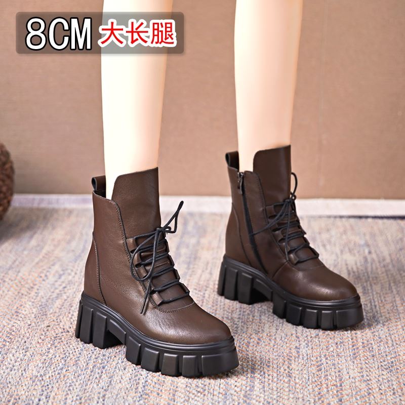 8CM内增高马丁靴女英伦风 2025年新款秋冬真皮咖色短靴子棕色显瘦