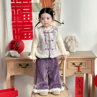 点兮冬季新款婴幼儿加绒加厚中国风分体套装女宝宝保暖年服三件套