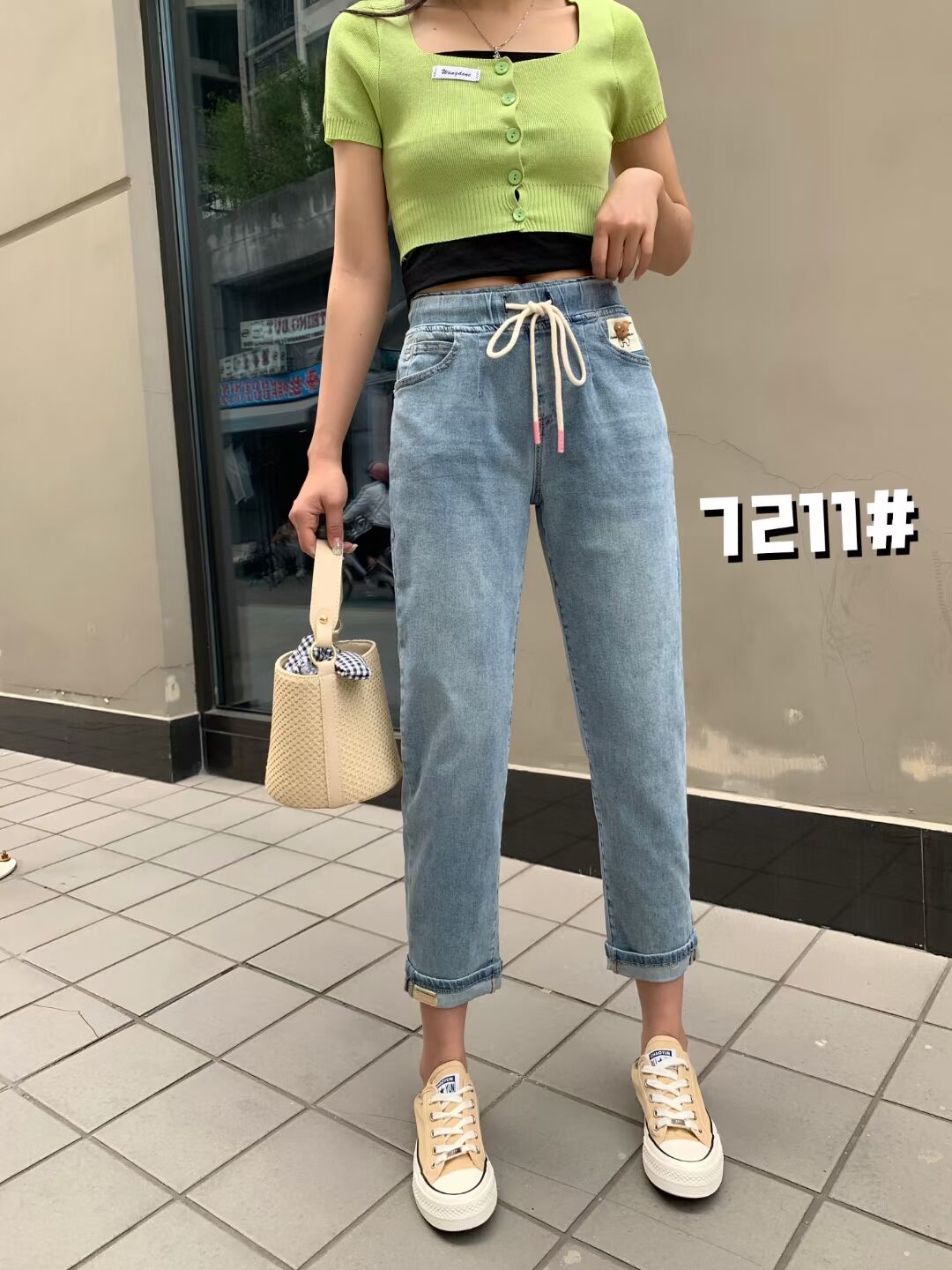 尼迪7211大码弹力高腰牛仔裤八分裤薄料2023夏季新款宽松女士垮裤
