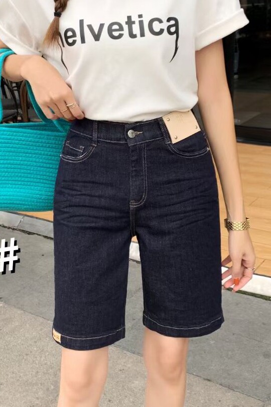 尼迪7249短款大码弹力五分牛仔裤黑色修身百搭2023夏季新款女士