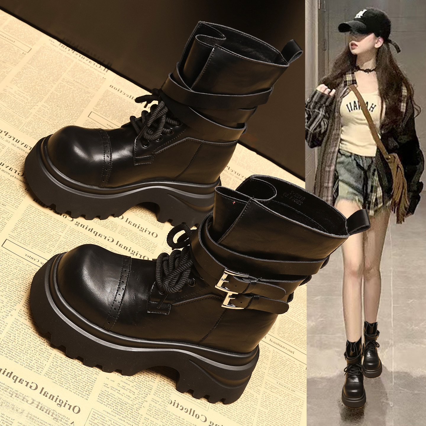 内增高马丁靴加绒厚底骑士机车靴