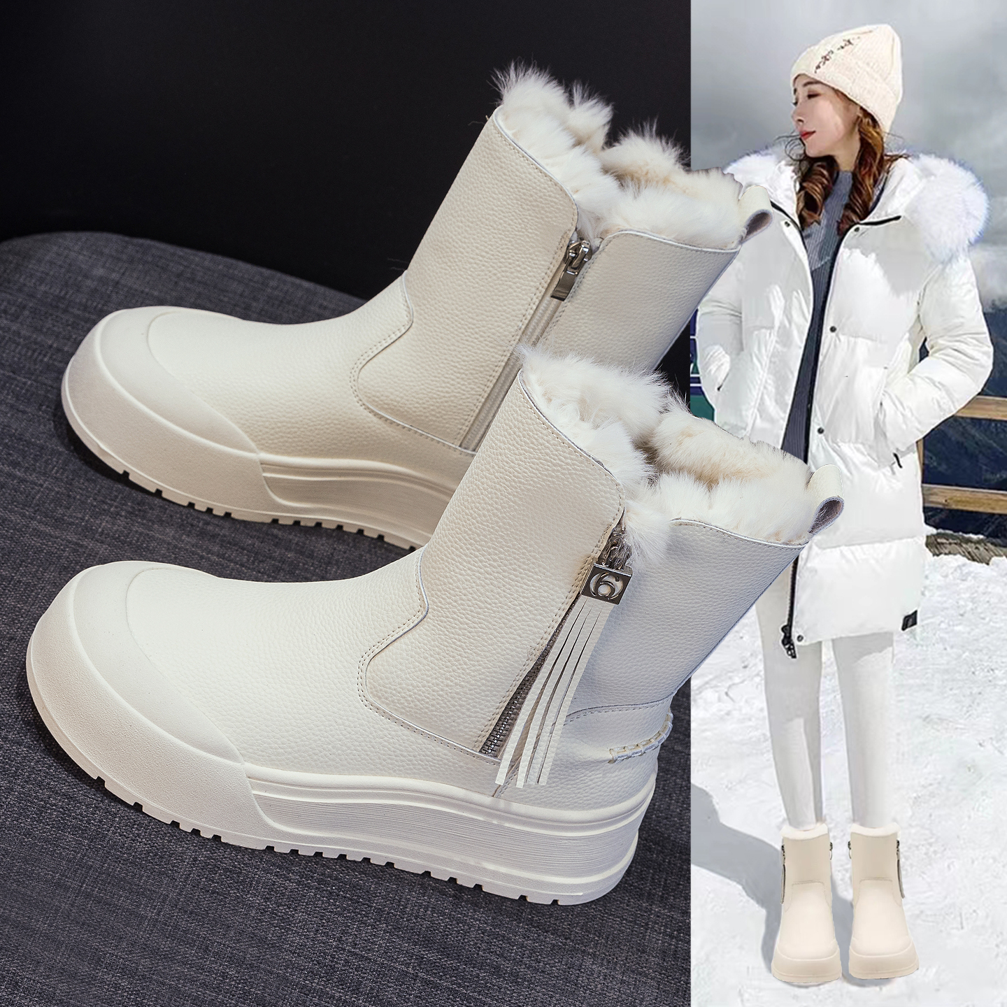 白色防水雪地靴女大棉鞋加绒加厚