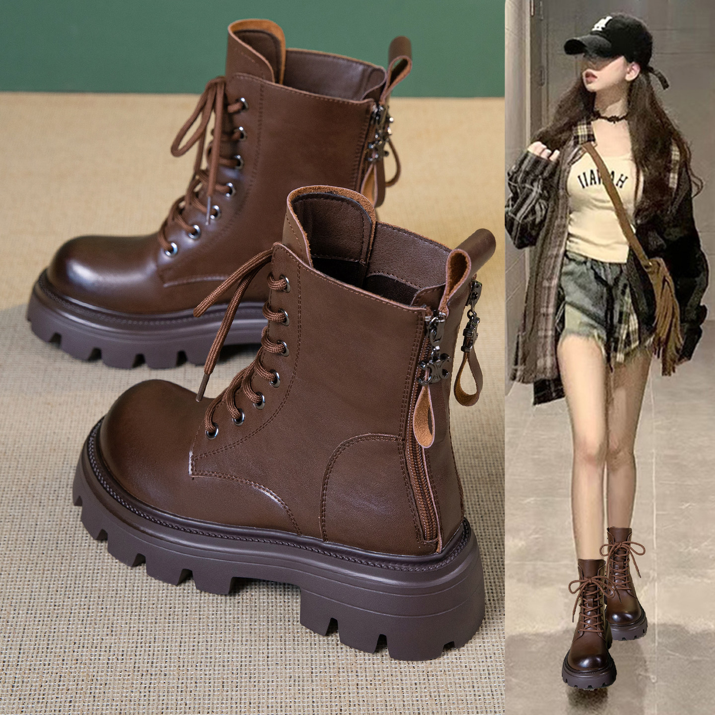 棕色复古真皮马丁靴女加绒短靴