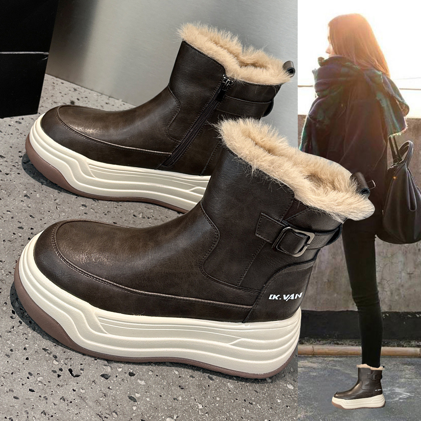 真皮防水保暖厚底雪地靴女款2025冬季新款加绒加厚复古工装马丁靴