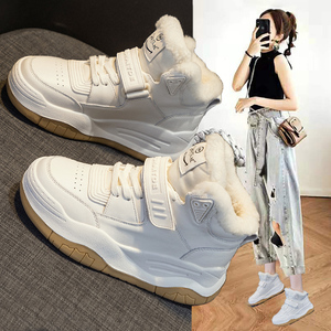 高帮大棉鞋女2025年秋冬新款百搭加绒厚底休闲运动老爹小白毛毛鞋