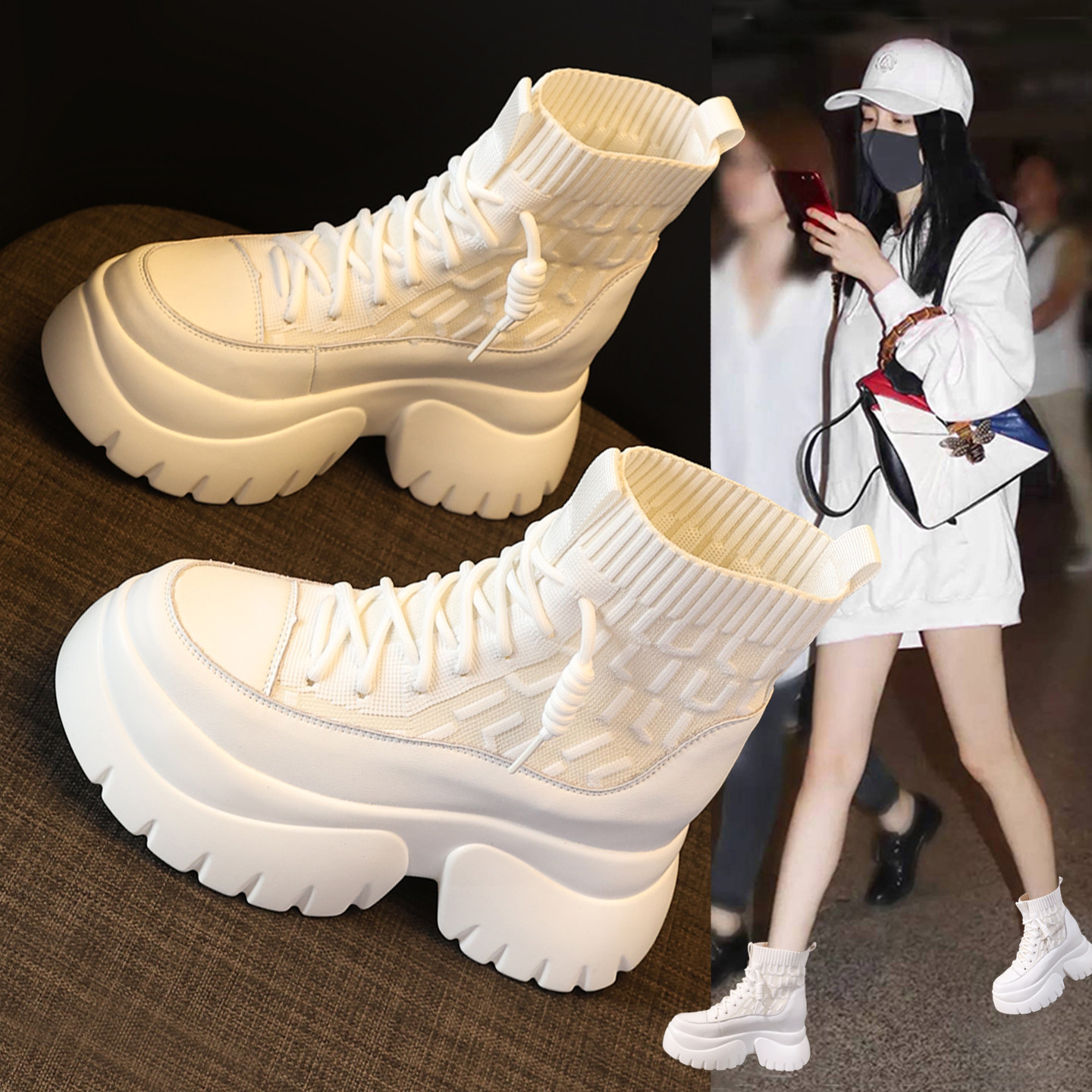 内增高白色马丁靴女厚底弹力袜靴