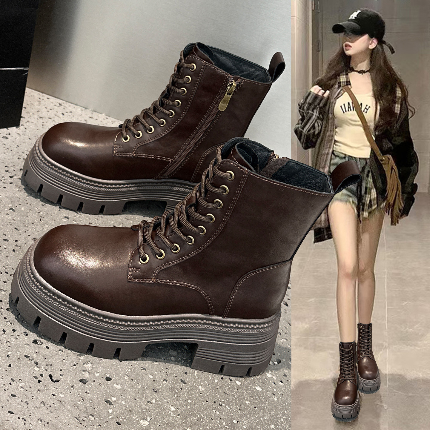 复古马丁靴女加绒厚底小个子短靴