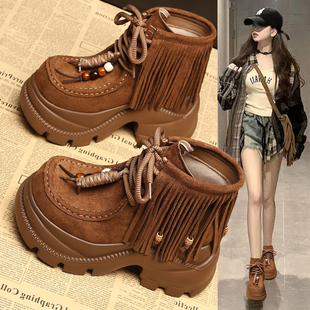 爆款 超火时尚 新款 2025秋季 厚底内增高9cm流苏短靴 真皮马丁靴女款