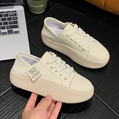 真皮摇摇鞋复古小白厚底懒人板鞋