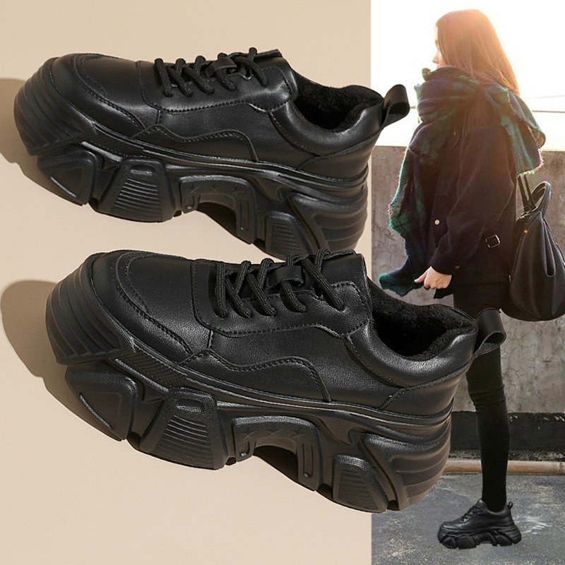 欧洲站黑色运动鞋女2024冬季新款加绒棉鞋真皮厚底松糕休闲老爹鞋