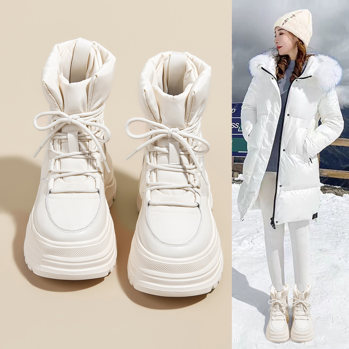 冬季防水白色雪地靴女2025新款加绒加厚保暖轻便厚底小个子大棉鞋,女鞋,时尚雪地靴,淘宝优惠券,粉丝福利购,淘宝优惠卷