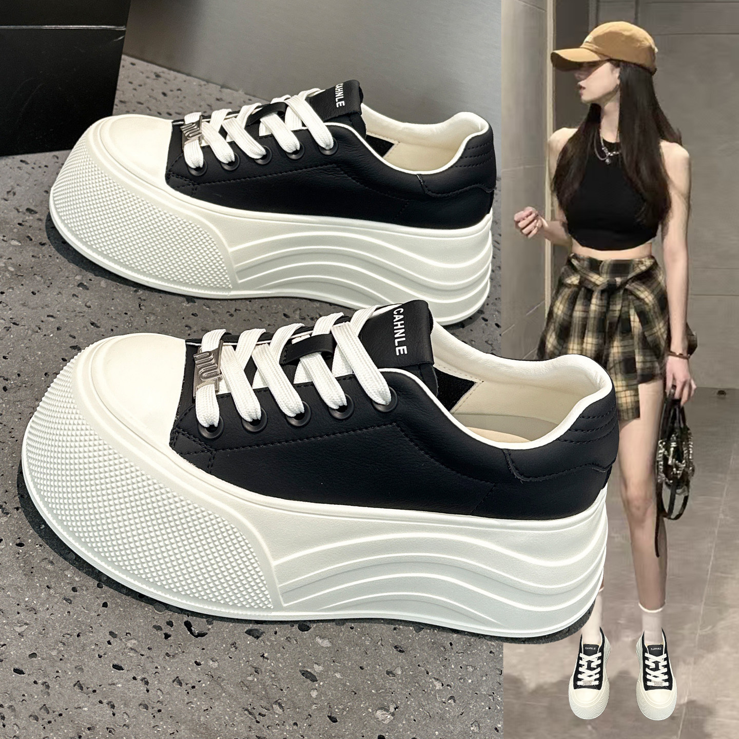 真皮小白鞋女款大头鞋2026春季新款厚底增高圆头系带运动休闲板鞋,女鞋,时尚休闲鞋,淘宝优惠券,粉丝福利购,淘宝优惠卷