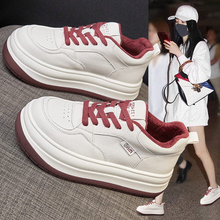 加绒小白鞋女真皮板鞋2024冬季新款爆款厚底大头运动休闲面包棉鞋