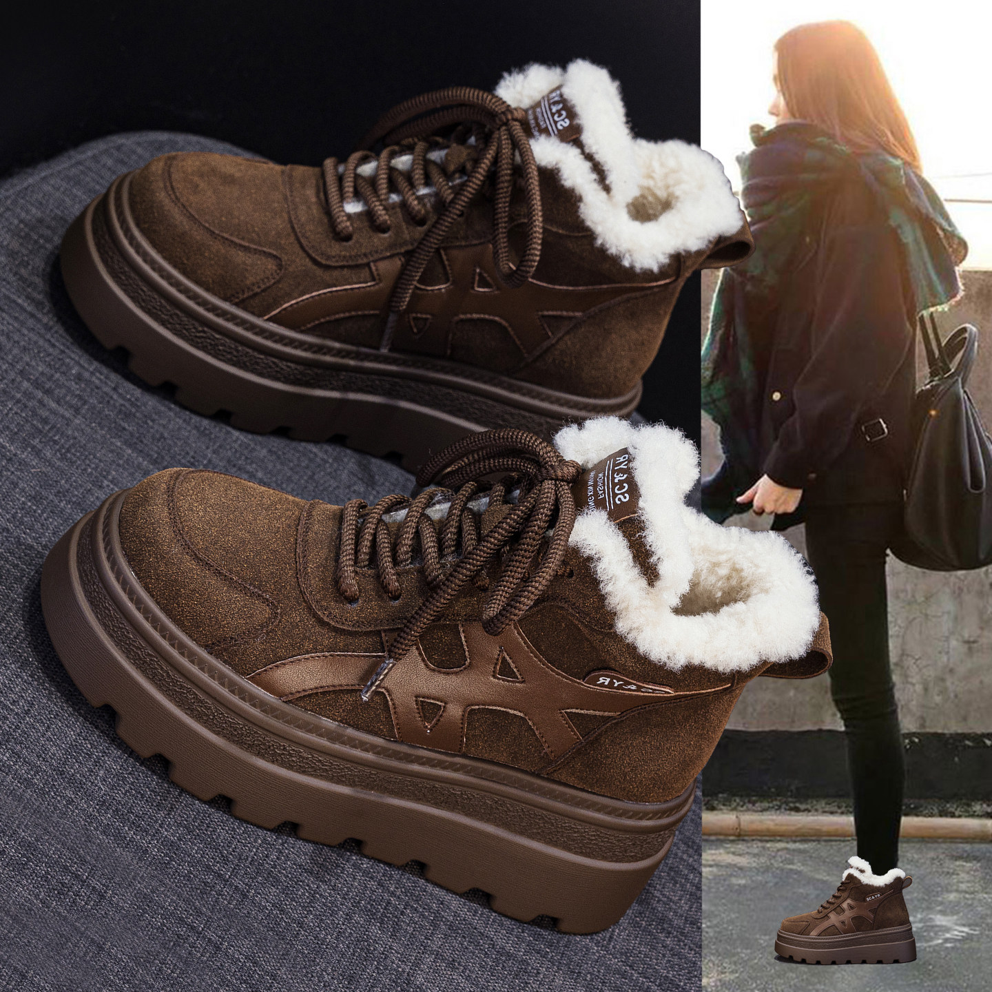 复古真皮厚底雪地靴女鞋2025冬季新款加绒加厚增高大棉高帮德训鞋,女鞋,时尚雪地靴,淘宝优惠券,粉丝福利购,淘宝优惠卷