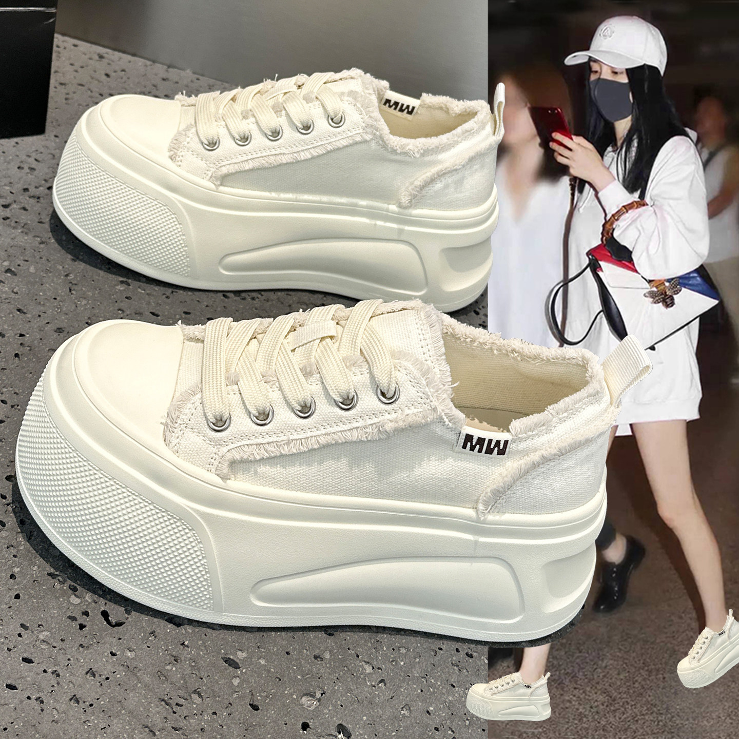 春季透气帆布小白鞋女款2026新款爆款厚底增高圆头轻便运动休闲鞋