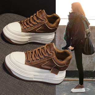 厚底松糕高帮鞋女2024秋季新款爆款真皮内增高休闲运动小白棉鞋子