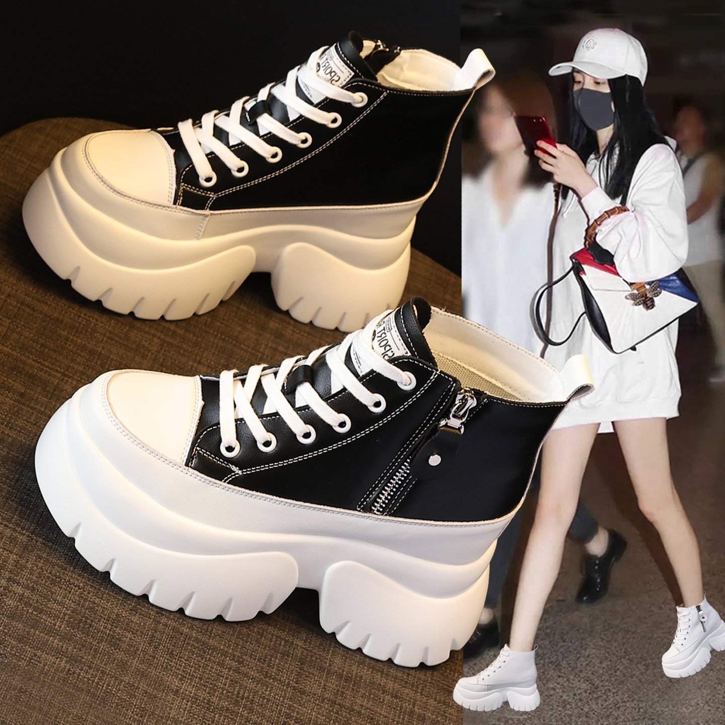 厚底马丁靴女加绒高帮小白鞋短靴