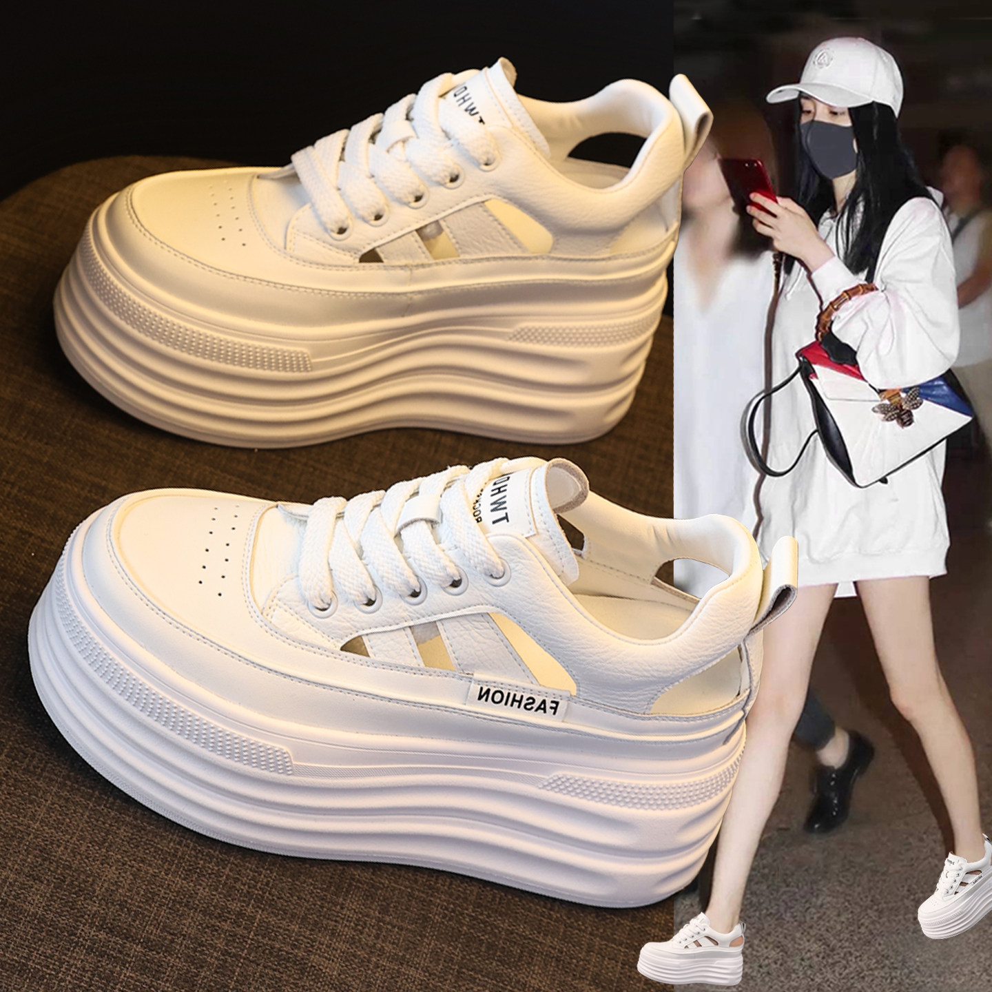 镂空透气内增高小白鞋女款2026夏季新款薄款厚底8cm包头休闲凉鞋