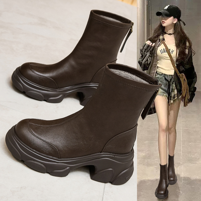 真皮切尔西马丁靴女加绒瘦瘦短靴