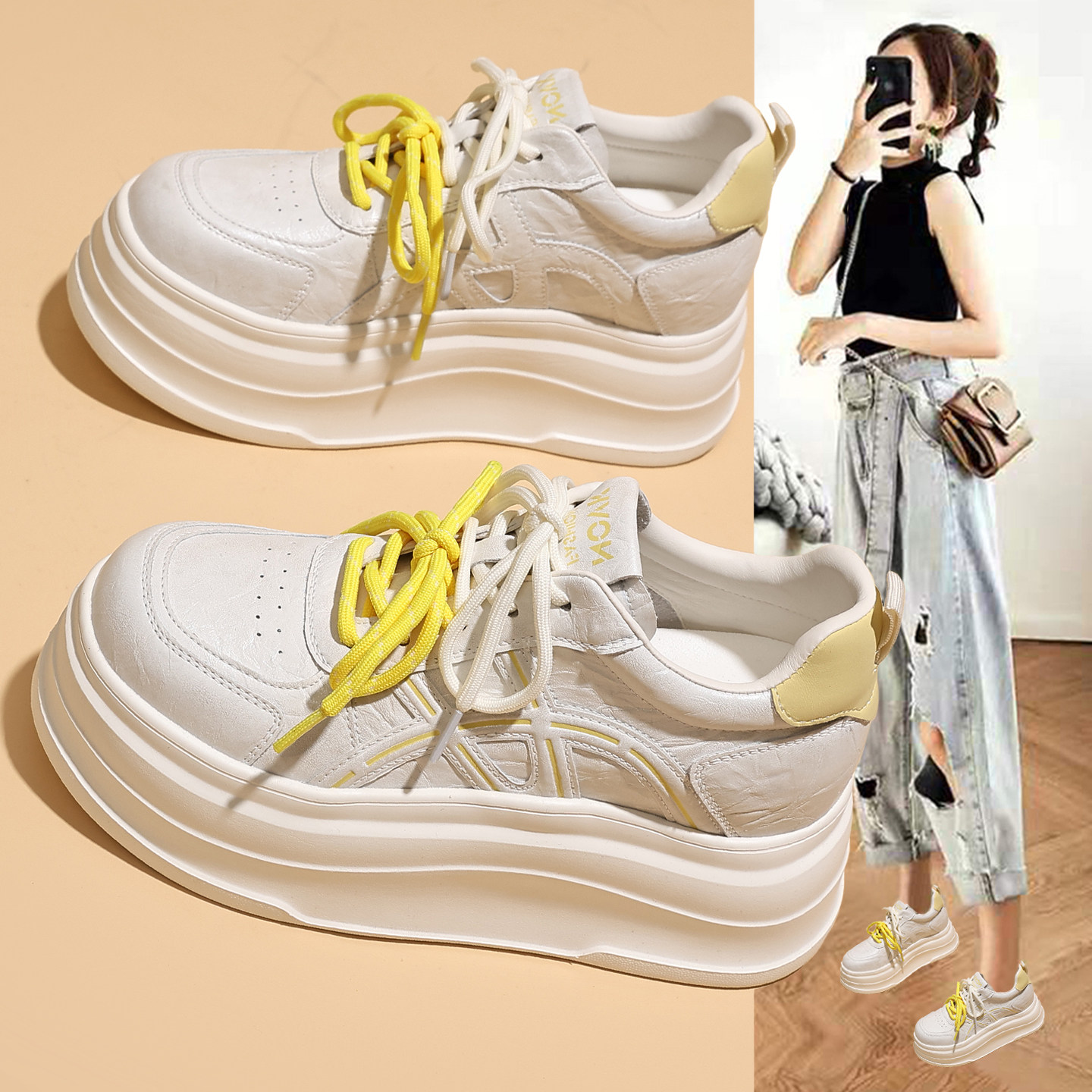 轻便厚底增高小白鞋女款2026春季新款爆款不累脚松糕小个子休闲鞋