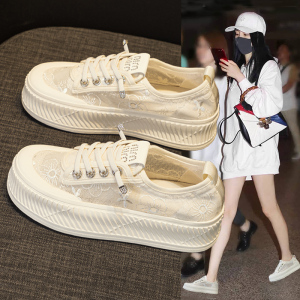 网面透气渔夫鞋女2024夏季新款厚底饼干小白鞋一脚蹬懒人休闲板鞋