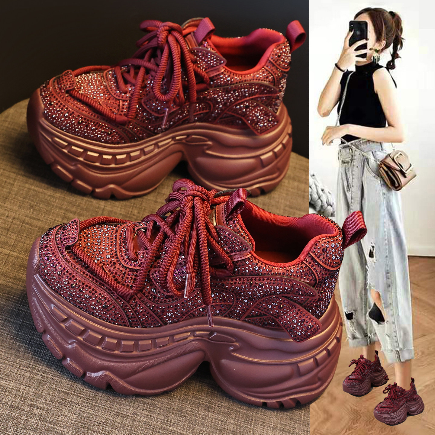 欧洲站水钻红色老爹鞋女2025秋季新款爆款时尚厚底内增高休闲婚鞋,女鞋,时尚休闲鞋,淘宝优惠券,粉丝福利购,淘宝优惠卷