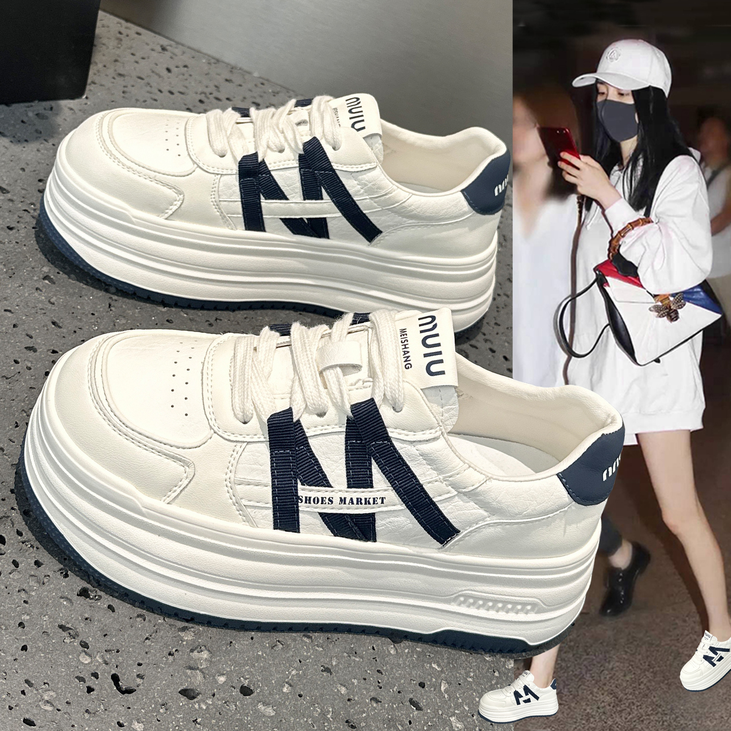 超火轻便真皮小白鞋女厚底休闲鞋