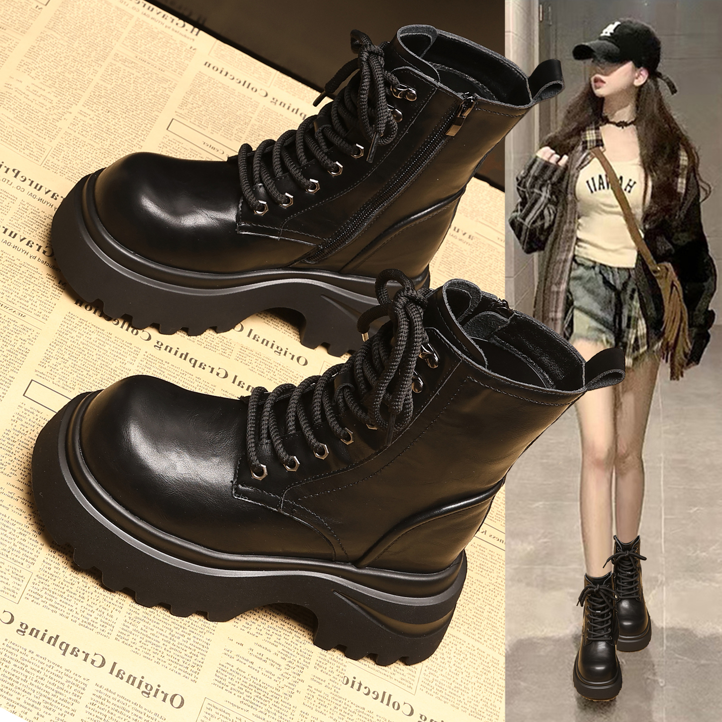 加绒内增高马丁靴女厚底真皮短靴