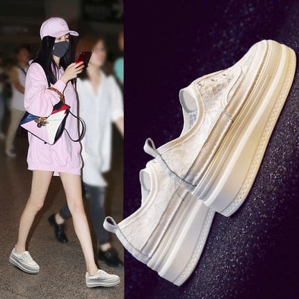 蕾丝小白鞋女2019夏季新款百搭透气网面厚底松糕休闲鞋内增高运动