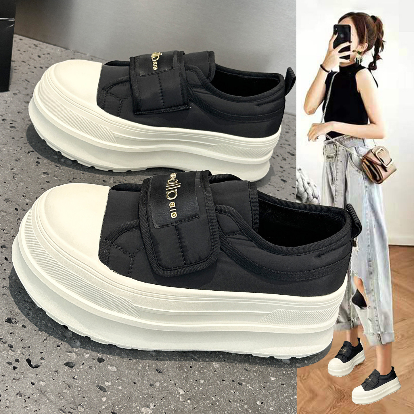 冬季帆布棉鞋女加绒2025新款爆款魔术贴小白鞋厚底增高休闲面包鞋