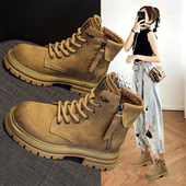 大黄靴厚底登山短靴加绒棉鞋 真皮复古马丁靴女英伦风2025冬季 新款