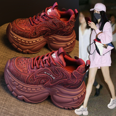 水钻红色老爹鞋女厚底内增高婚鞋