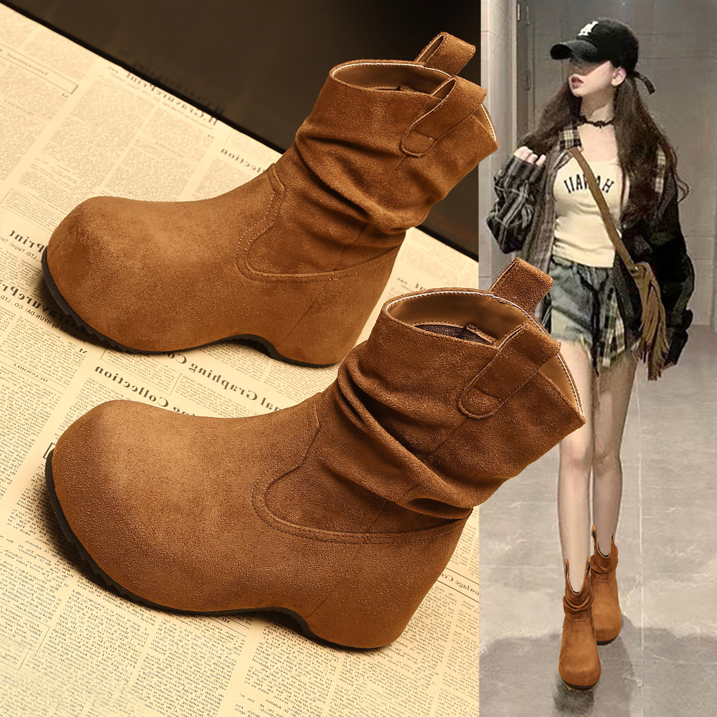 内增高真皮瘦瘦马丁靴女2025冬季新款加绒时尚坡跟切尔西勃肯短靴