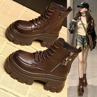 冬季 厚底内增高8cm棕色加绒短靴 超火真皮马丁靴女英伦风2025新款