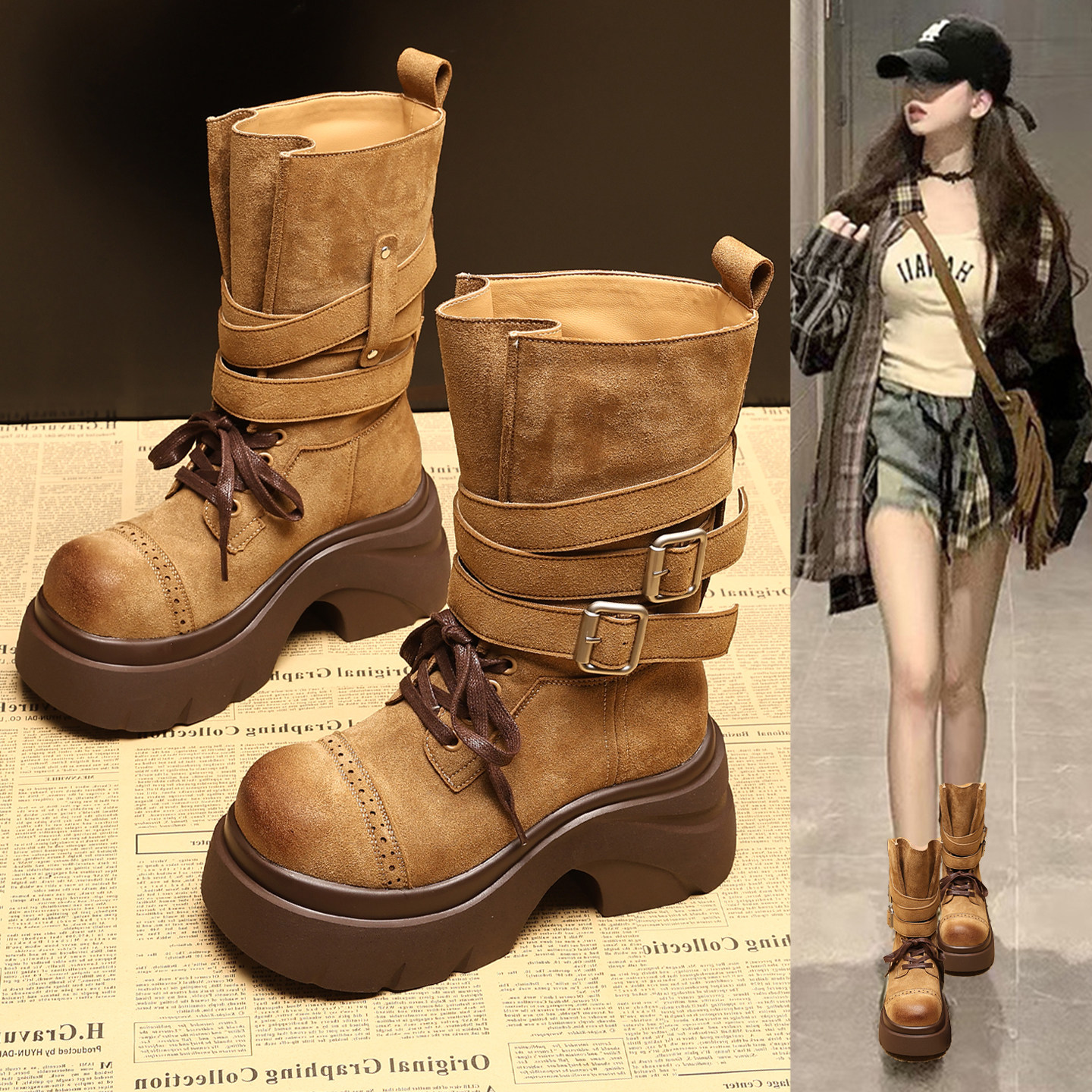 复古超火厚底马丁靴女2026秋季新款增高西部牛仔中筒瘦瘦骑士长靴