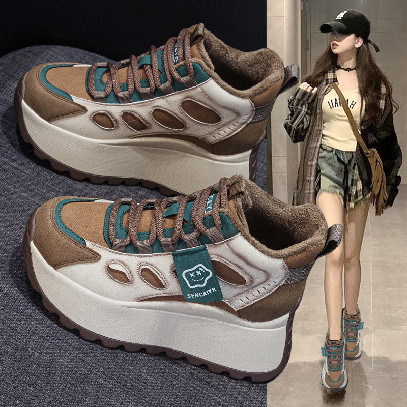 复古高帮老爹鞋女厚底加绒阿甘鞋