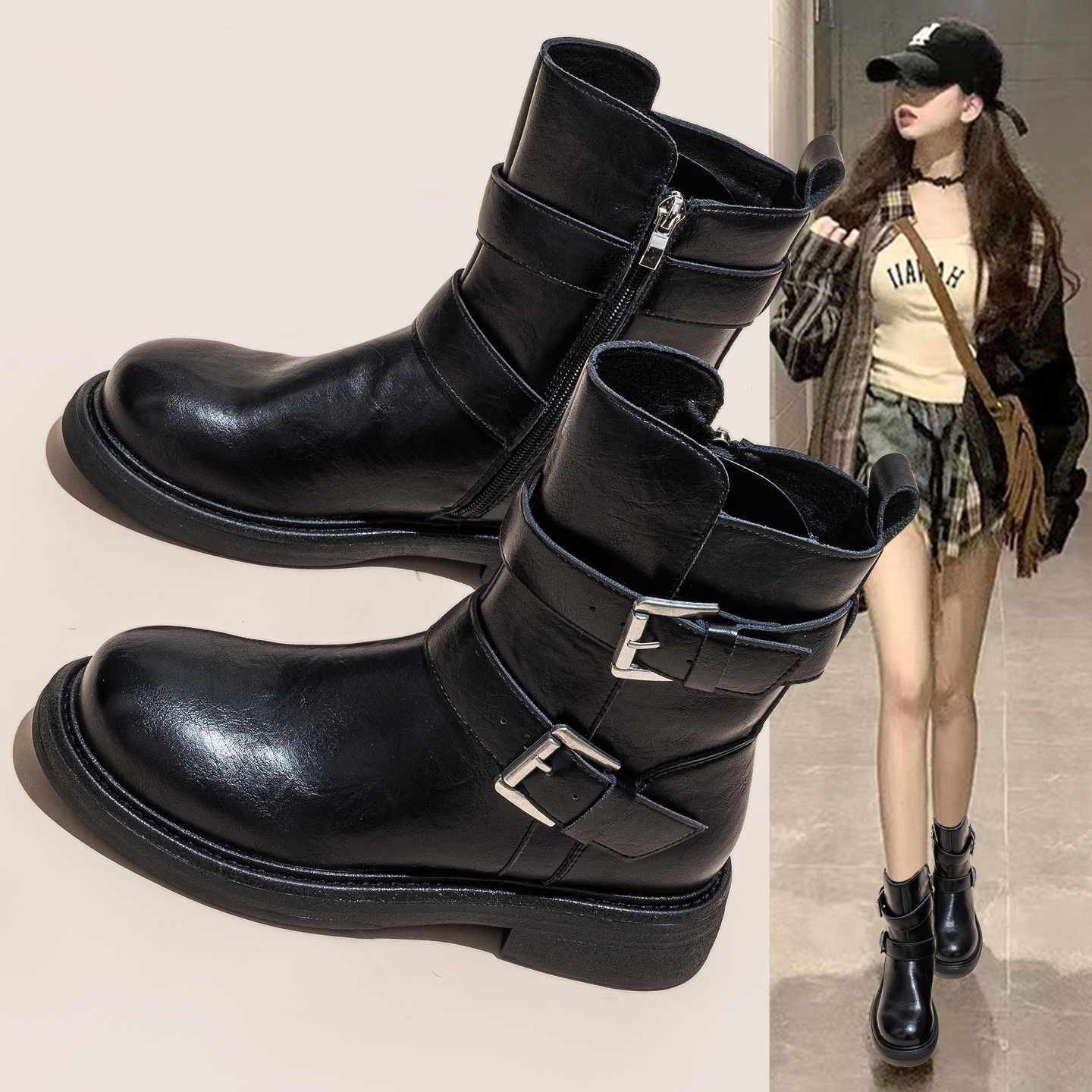 真皮切尔西马丁靴加绒厚底骑士靴