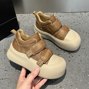 魔术贴真皮高帮鞋女款2025冬季新款爆款加绒厚底大头运动休闲棉鞋