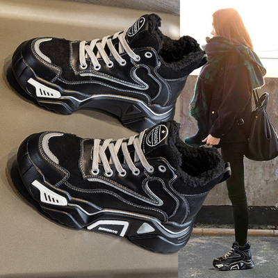 真皮黑色雪地靴女加绒高帮老爹鞋