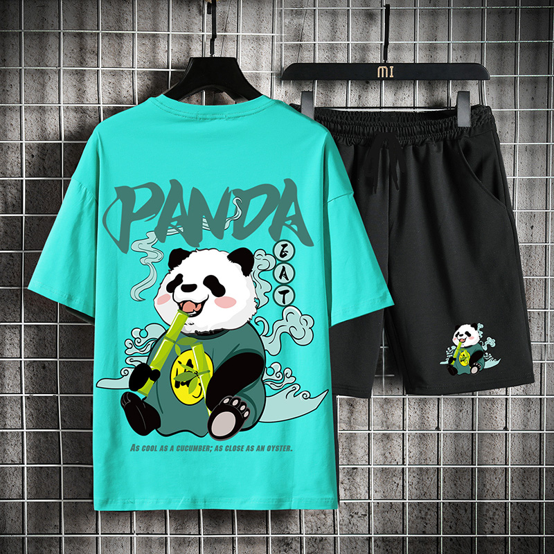 Panda pattern suit men's summer Korean fashion sports with a set of handsome men's short sleeves