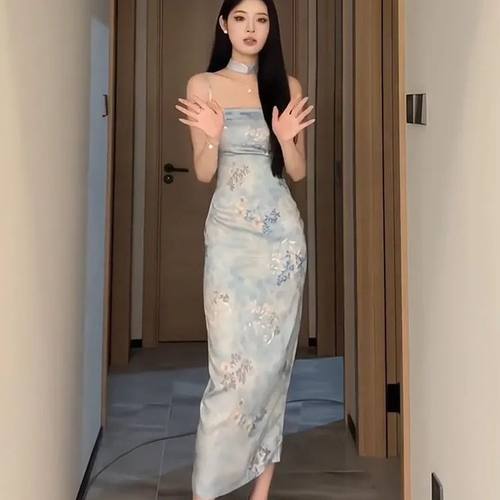 大码素雅印花修身包臀长裙