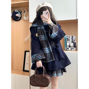 学院风高级感穿搭jk套装女冬装夹棉加厚毛呢外套+百褶短裙两件套