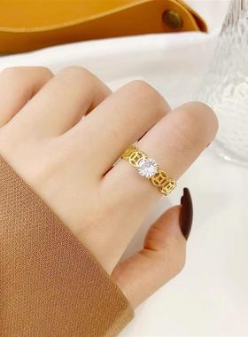 气质沙金铜钱币戒指女 久不掉色仿一克拉锆石指环可调节食指戒圈