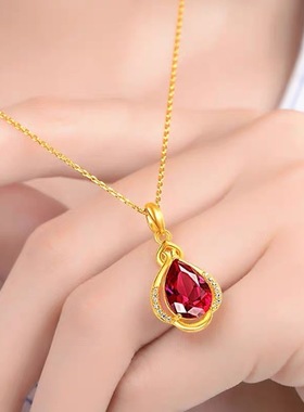 钛钢红色水滴吊坠项链女不掉色高级女士吊坠锁骨链节日送礼礼物