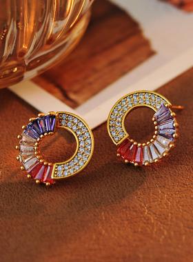 法式复古镶嵌锆石满钻耳环铜合金锆石彩色精致耳饰设计耳钉A10231