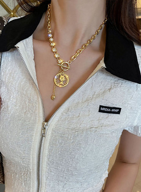 欧美时尚金属钱币链条项链气质镶钻Y型锁骨链短款choker毛衣链女